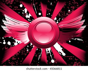 grungy maroon rays background with wing on button