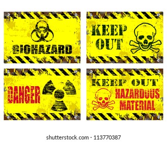 Grungy metal sign vector illustrations. Danger and hazard