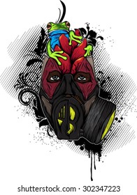 grungy monster face vector with a frog on top flowers and gas mask