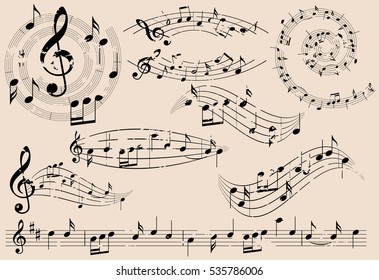 grungy music design elements with notes - vector set