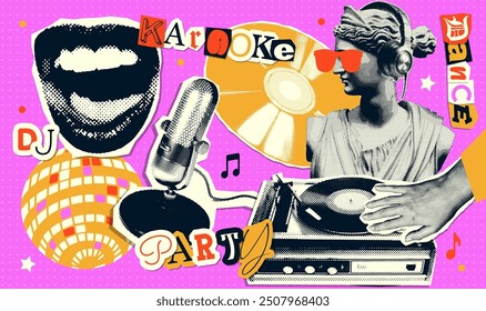 Grungy music halftone collage set with record player, vintage microphone, singing mouth, anti-establishment antique statue. Retro paper collage cut-out elements. Vector illustration.