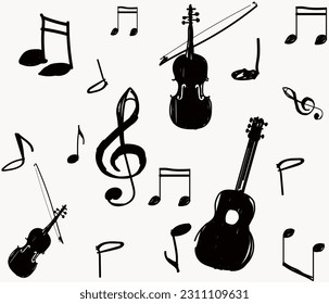 Grungy Musical Note vector icon. grunge music elements, guitar, violin, treble clef and notes, isolated illustration