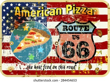 grungy, nostalgic route pizza diner sign, vector illustration