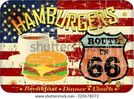 grungy, nostalgic route sixty six hamburger or diner sign, fictional artwork, vector format
