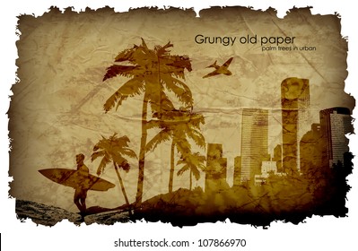 Grungy Old Paper With Palm Trees And The Urban Surfer