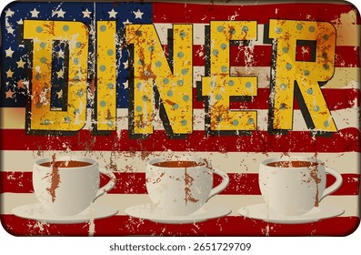 grungy velho retro americano diner, fast food vintage sinal conceito, usado e resistido, vetores eps