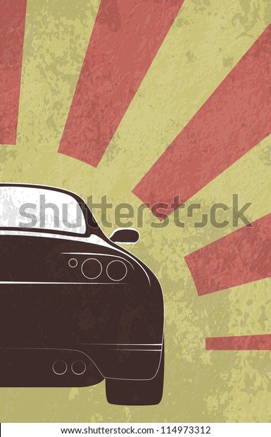Grungy old style auto background with a\
race car back view outlines. EPS10 vector\
image.