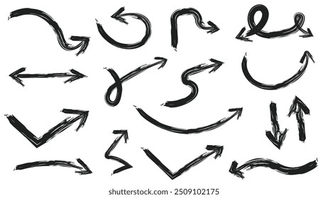 Grungy paint brush hand drawn arrow doodle collection in thin black stokes isolated on white background