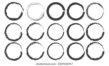 Grungy paint brush hand drawn circle shapes doodle collection in thin black stokes isolated on white background