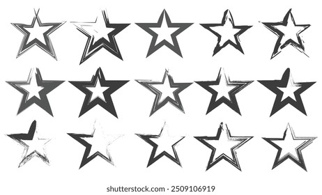 Grungy paint brush hand drawn star shapes doodle collection in thin black stokes isolated on white background