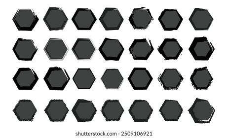 pintura grungy pincel mão desenhada coleção Hexagon em finos traços pretos isolados no fundo branco