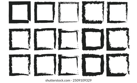 Grungy paint brush hand drawn Square shape collection in thin black stokes isolated on white background