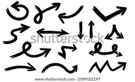 Grungy paint brush hand drawn arrow doodle collection in thin black stokes isolated on white background