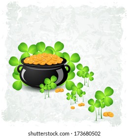 Grungy Patrick's Day Card. Cauldron with Gold Coins and Shamrock