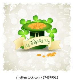 Grungy Patrick's Day Card with  Leprechaun Hat, Gold Coins and Shamrock