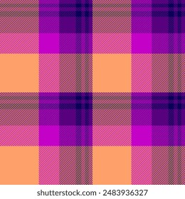 Grungy pattern check tartan, pure background textile vector. Buffalo seamless plaid texture fabric in purple and orange colors palette.