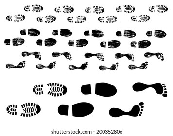 Grungy And Plain Silhouette Foot And Boot Prints Vector Illustration 