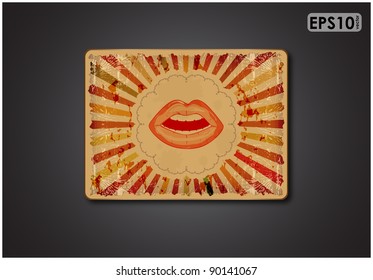 Grungy plate on black background with women parted lips