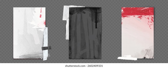 Grungy poster layouts set isolated on transparent background. Vector realistic illustration of distressed paper sheets with paint stains, crumpled and torn notebook pages, street art banner design