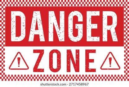 Señal de advertencia de zona de peligro roja gruñona con iconos de peligro de exclamación audaz y texturas angustiadas. Perfecto para señalización de seguridad industrial, áreas restringidas, alertas de riesgo, carteles, fondos y proyectos de diseño de advertencias comerciales.