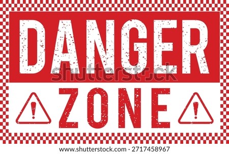 Grungy red danger zone warning sign featuring bold exclamation hazard icons and distressed textures. Perfect for industrial safety signage, restricted areas, risk alerts, posters, backgrounds, and commercial warning design projects.