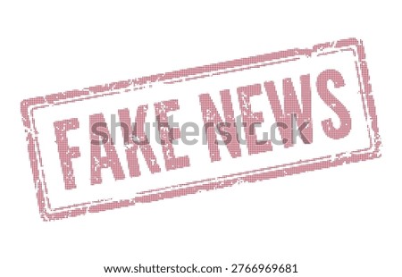 Grungy red rectangular Fake News seal vector illustration. A weathered stamp design representing internet hoaxes, false information, and fact checking alerts for social media and journalism. Vector stamp of Fake News text in a bold red frame with a textured ink effect. Perfect for political commentary, media literacy campaigns, and warning signs against deceptive online content.