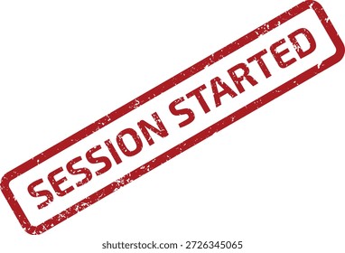 Grungy rote Gummistempel mit 'SESSION STARTED' Text. Ideal zur Kennzeichnung von Ereignisinitiierung, Prozessbeginn oder Aktivitätsstatus.