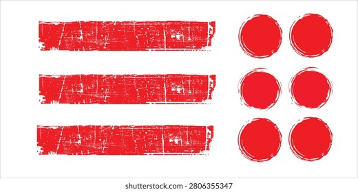 Grungy red stamped horizontal bars and distressed circular elements on white background, ideal for graphic design, web buttons, badges, or textured layout accents conveying bold, vintage and rough aesthetic.
