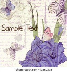 Grungy retro background with gladiolus flowers and butterflies