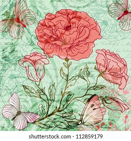 Grungy retro background with roses and butterflies