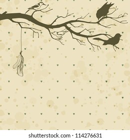 Grungy retro background with tree branch and birds silhouettes