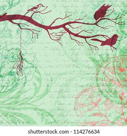 Grungy retro background with tree branch and birds silhouettes