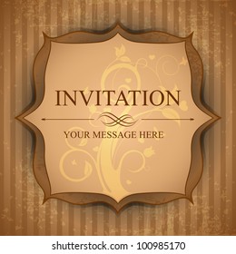 Grungy retro invitation card in brown color with floral design and copy space for your message. EPS 10. Vector illustration.