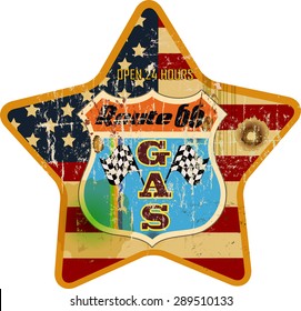 grungy retro route sixty six gas station sign, vector illustration, fictional design