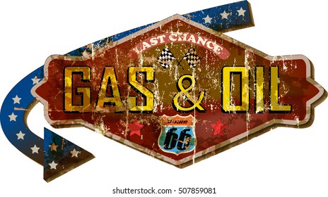 grungy retro route sixty six gas station sign, vector illustration