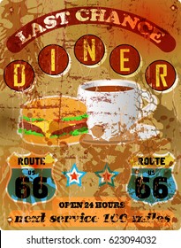grungy retro route sixty six diner sign, vector illustration