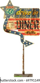 grungy retro route sixty six diner sign, vintage advertising signage vector illustration..Sign and post grouped for better handling.