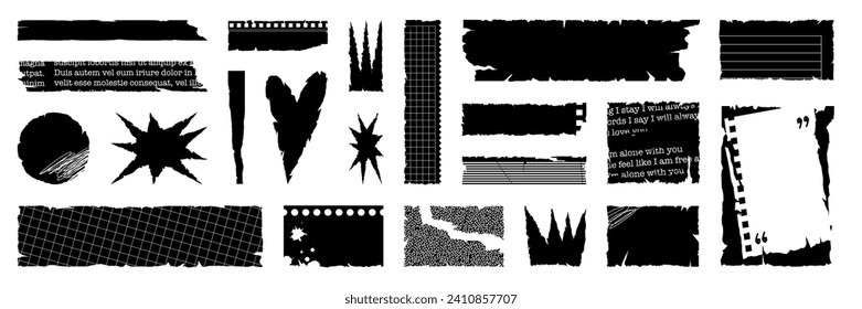 Grungy ripped paper sheet stickers in various shapes, including rectangle, heart, star and crown shape. Punk elements for sticker, collage, banner. Vector illustration.
