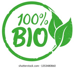 grungy round green 100 percent Bio label or rubber stamp print with leaves on white background