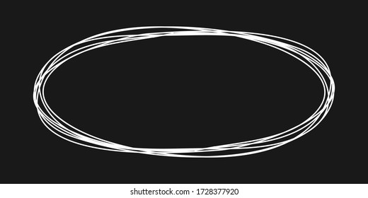 Grungy round oval scribble circle hand drawn with thin line, chalkboard effect, on black background. Vector illustration