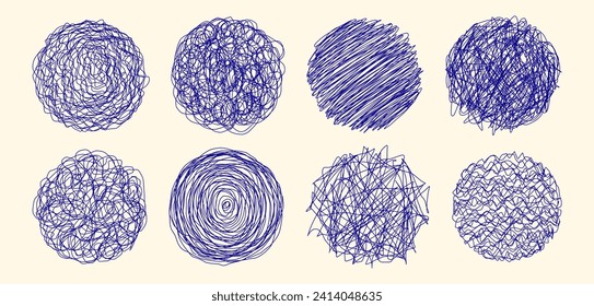 Grungy round scribble circle. A collection of scribbles in the shape of a mound drawn with a pen. Vector illustration.