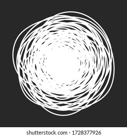 Grungy round scribble circle hand drawn with thin line, chalkboard effect, on black background. Vector illustration