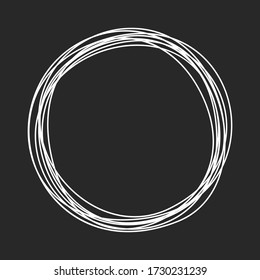 Grungy Round Scribble Circle Hand Drawn With Thin Line, Chalkboard Effect, On Black Background. Vector Illustration