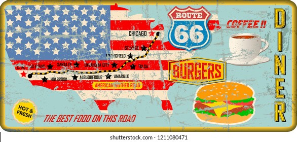 Grungy Route 66 Diner Tin Sign W. Road Map, Retro Grungy Illustration, Fictional Vector Artwork 