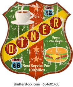 grungy route sixty six diner sign, vector illustration