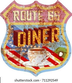 grungy route sixty six  diner sign, retro style, vector illustration 