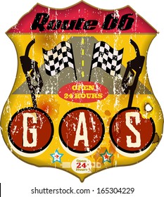 grungy route sixty six gas station sign,retro style, 