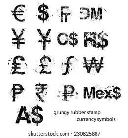 grungy rubber stamp currency sign symbols set, vector.