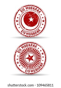 Graue Gummistempel für Eid Mubarak in roter Farbe, einzeln auf weißem Hintergrund. EPS10.
