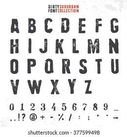 Grungy Rubber Stamp Font. Vector Alphabet With Numbers And Symbols.